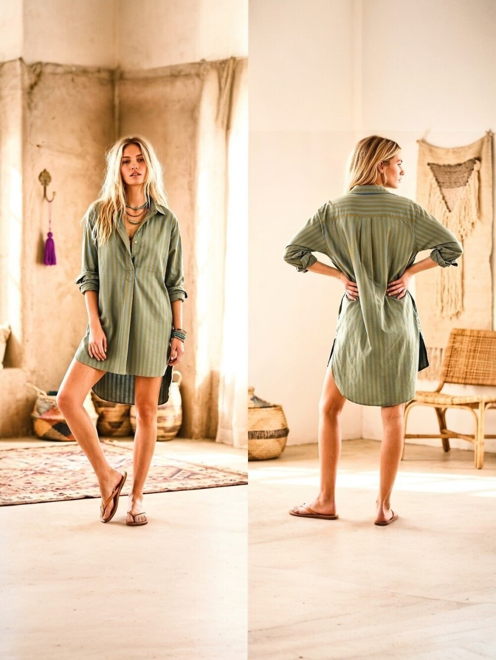 Doen Catalina Striped Long Sleeve Shirt Dress in Olive and Teal, NWT, Small